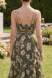 Dark Green Floral V-Neck A Line Ruched Maxi Wedding Guest Dress with Ruffles