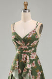 Dark Green Floral V-Neck A Line Ruched Maxi Wedding Guest Dress with Ruffles