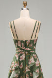 Dark Green Floral V-Neck A Line Ruched Maxi Wedding Guest Dress with Ruffles