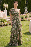 Dark Green Floral A Line Flutter Sleeves Maxi Wedding Guest Dress with Ruffles