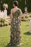 Dark Green Floral A Line Flutter Sleeves Maxi Wedding Guest Dress with Ruffles