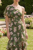 Dark Green Floral A Line Flutter Sleeves Maxi Wedding Guest Dress with Ruffles