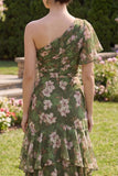 Dark Green Floral A Line Flutter Sleeves Maxi Wedding Guest Dress with Ruffles