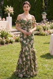 Dark Green Floral Mermaid Maxi Wedding Guest Dress with Ruffles