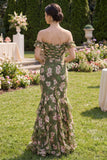 Dark Green Floral Mermaid Maxi Wedding Guest Dress with Ruffles