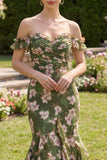 Dark Green Floral Mermaid Maxi Wedding Guest Dress with Ruffles