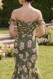 Dark Green Floral Mermaid Maxi Wedding Guest Dress with Ruffles