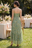 Dusty Green Ruched V-Neck High Low Floral Wedding Guest Dress with Ruffles
