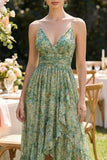 Dusty Green Ruched V-Neck High Low Floral Wedding Guest Dress with Ruffles