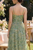 Dusty Green Ruched V-Neck High Low Floral Wedding Guest Dress with Ruffles