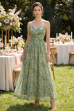 Dusty Green Spaghetti Straps Floral Ruched A Line Maxi Wedding Guest Dress