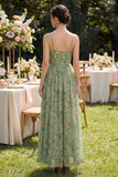 Dusty Green Spaghetti Straps Floral Ruched A Line Maxi Wedding Guest Dress