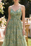 Dusty Green Spaghetti Straps Floral Ruched A Line Maxi Wedding Guest Dress