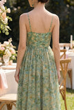 Dusty Green Spaghetti Straps Floral Ruched A Line Maxi Wedding Guest Dress