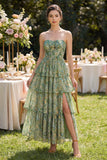 Dusty Green Strapless A Line Corset Floral Maxi Wedding Guest Dress with Ruffles