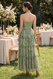 Dusty Green Strapless A Line Corset Floral Maxi Wedding Guest Dress with Ruffles