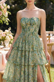 Dusty Green Strapless A Line Corset Floral Maxi Wedding Guest Dress with Ruffles