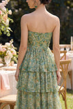 Dusty Green Strapless A Line Corset Floral Maxi Wedding Guest Dress with Ruffles