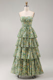 Dusty Green Strapless A Line Corset Floral Maxi Wedding Guest Dress with Ruffles