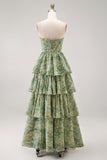 Dusty Green Strapless A Line Corset Floral Maxi Wedding Guest Dress with Ruffles
