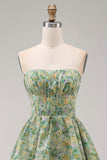 Dusty Green Strapless A Line Corset Floral Maxi Wedding Guest Dress with Ruffles