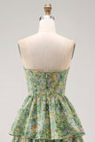 Dusty Green Strapless A Line Corset Floral Maxi Wedding Guest Dress with Ruffles