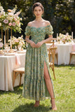 Dusty Green Ruched Puff Sleeves Floral A Line Maxi Wedding Guest Dress with Slit