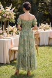Dusty Green Ruched Puff Sleeves Floral A Line Maxi Wedding Guest Dress with Slit