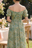 Dusty Green Ruched Puff Sleeves Floral A Line Maxi Wedding Guest Dress with Slit