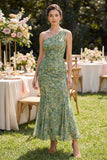 Dusty Green Ruched Mermaid One Shoulder Floral Maxi Wedding Guest Dress