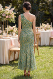 Dusty Green Ruched Mermaid One Shoulder Floral Maxi Wedding Guest Dress