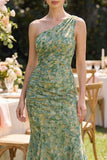 Dusty Green Ruched Mermaid One Shoulder Floral Maxi Wedding Guest Dress