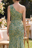 Dusty Green Ruched Mermaid One Shoulder Floral Maxi Wedding Guest Dress