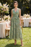 Dusty Green Ruched V-Neck Floral A Line Maxi Wedding Guest Dress with Bow