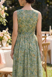 Dusty Green Ruched V-Neck Floral A Line Maxi Wedding Guest Dress with Bow