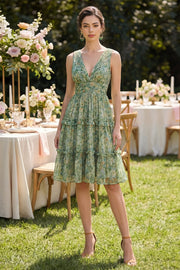 Dusty Green Ruched A Line V-Neck Floral Midi Wedding Guest Dress with Ruffles
