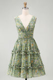 Dusty Green Ruched A Line V-Neck Floral Midi Wedding Guest Dress with Ruffles