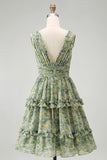 Dusty Green Ruched A Line V-Neck Floral Midi Wedding Guest Dress with Ruffles