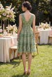 Dusty Green Ruched A Line V-Neck Floral Midi Wedding Guest Dress with Ruffles