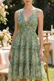 Dusty Green Ruched A Line V-Neck Floral Midi Wedding Guest Dress with Ruffles