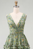 Dusty Green Ruched A Line V-Neck Floral Midi Wedding Guest Dress with Ruffles