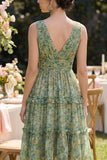 Dusty Green Ruched A Line V-Neck Floral Midi Wedding Guest Dress with Ruffles