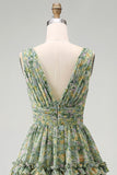 Dusty Green Ruched A Line V-Neck Floral Midi Wedding Guest Dress with Ruffles
