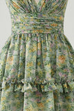 Dusty Green Ruched A Line V-Neck Floral Midi Wedding Guest Dress with Ruffles