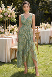 Dusty Green Sheath V-Neck High Low Floral Wedding Guest Dress with Ruffles