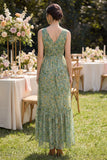 Dusty Green Sheath V-Neck High Low Floral Wedding Guest Dress with Ruffles