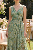 Dusty Green Sheath V-Neck High Low Floral Wedding Guest Dress with Ruffles