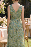 Dusty Green Sheath V-Neck High Low Floral Wedding Guest Dress with Ruffles