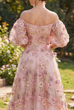 Off the Shoulder Pink Fuchsia A-Line Tulle Appliqued Long Floral Dress with Puff Sleeves
