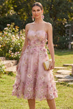 A-Line Tulle Sweetheart Pink Fuchsia Appliqued Floral Midi Dress